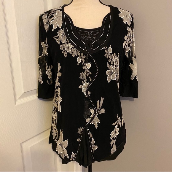 APPOINTMENTS Floral Embellished Semi-Sheer Top - Picture 1 of 11
